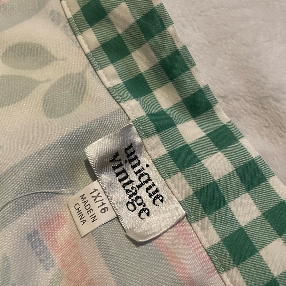 Unique Vintage Green Gingham Halter Romper with Fruit Print Trim - Picture 6 of 6